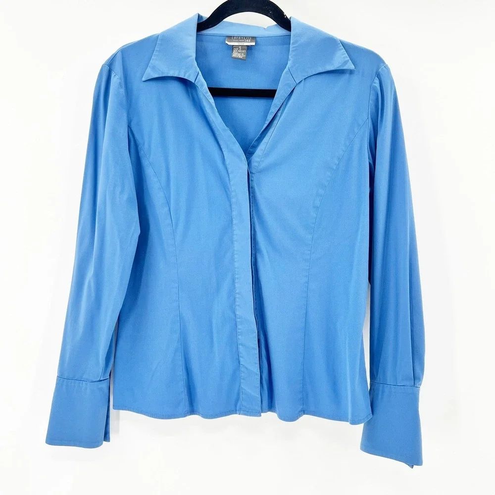 Lafayette 148 New York Blouse Womens 0 Petite Blue Excellent Tailored Button Up - Picture 1 of 4